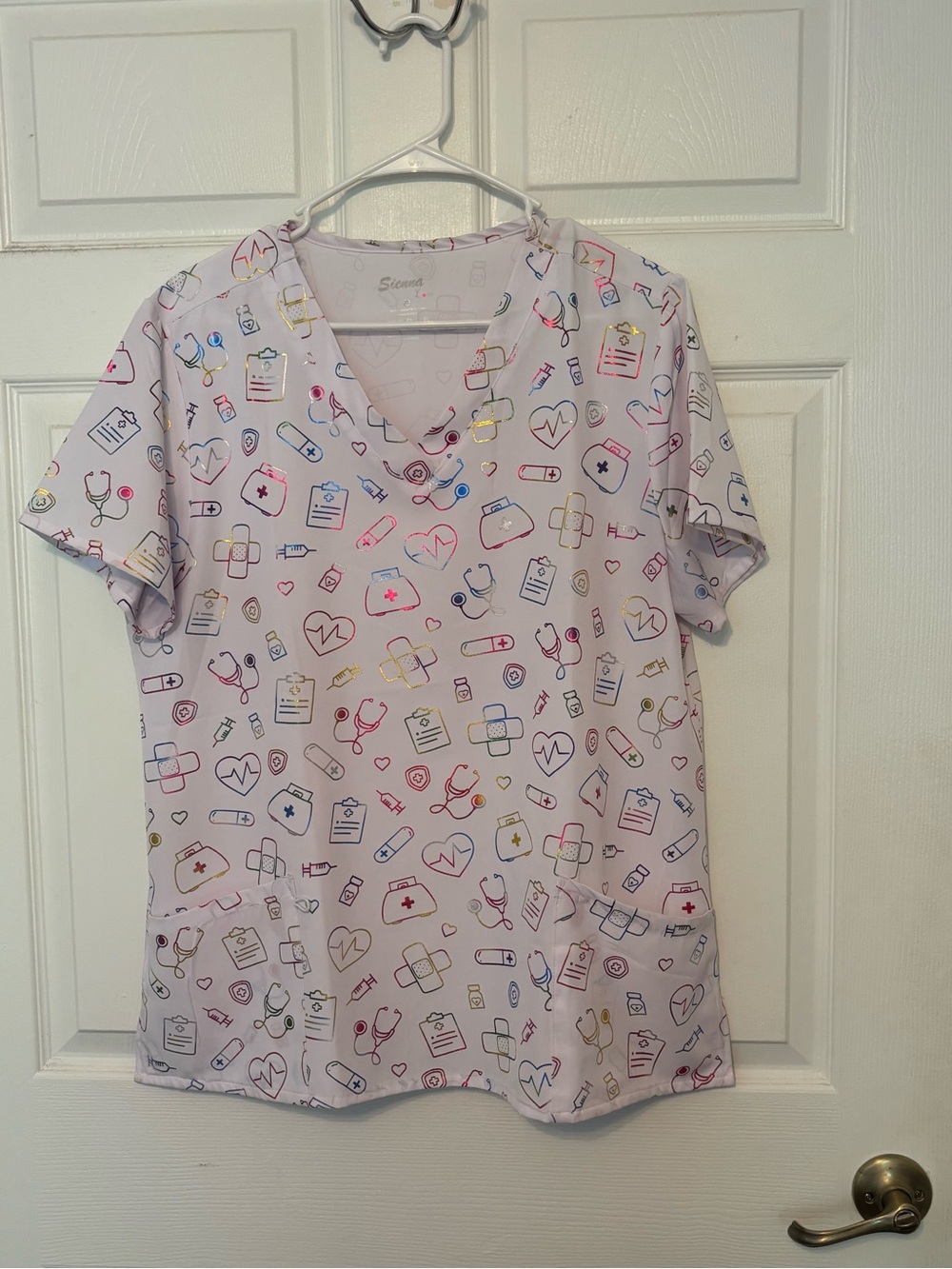 White Holographic  Medical Print V-Neck Scrub Top. * BRAND NEW WITHOUT TAGS*